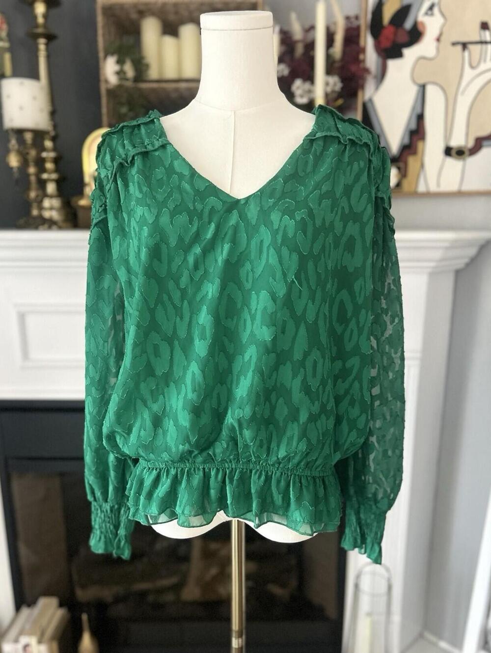 Notations Vibrant Green Leopard Outline Print Ruffle Blouse Size Medium
